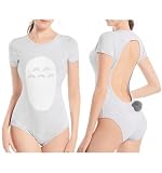 Landofgenie Womens Onesie Cotton Pajamas Print Backless Bodysuit Tops Plus Size Romper for Women Open Back Sleepwear Grey M