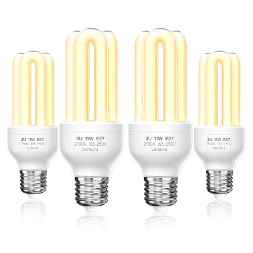 Lustaled Energy Saving Light Bulbs Screw in, 11W E27 Screw Bulb Warm White 2700K, ES CFL Energy Saver Low Energy Light Bulbs 3U Stick Lamp, 220-240V, Non-dimmable, 4-Pack
