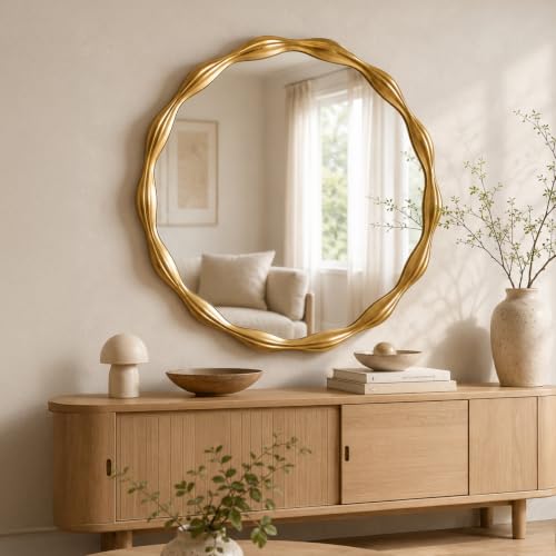 Image of Saliwa 27 Inch Round Gold Wall Mirror with Wood Frame, Modern Decorative Circle Mirror for Bathroom, Bedroom, Living Room, Entryway, Vanity, Dresser and Home Decor