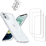 Amazin-Protectors 3 Pack Tempered Glass Screen Protector for iPhone 12 [6.1 Inch] + Clear Case [Compatible with MagSafe] Magnetic Wireless Charging + 3 Pack Camera Lens Protector, [7in1 Care Kit]