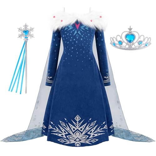 knemmy Princess Costume for Girls Halloween Dress Snow Cosplay Christmas Birthday Party Dress Up Outfit Blue