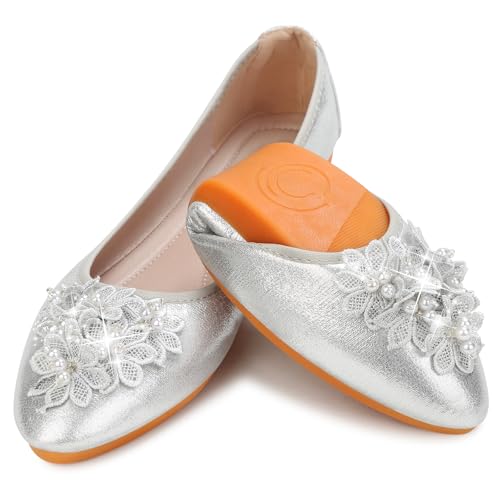KUNWFNIX Women's Ballet Flats Foldable Classic Crown Rhinestone Slip On Flowers PU Leather Pointed Toe Comfort Flat Casual Dress Shoes