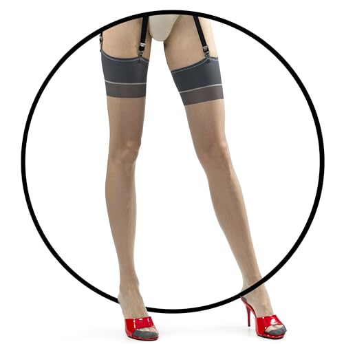 Image of Chic Gray Back Seam Thigh Highs: Vintage-Style Sheer Classic Nylon Stockings with Wide Top Band and Reinforced Toes - (5'3 inch-5'9 inch / under 154 lbs) One Pair (Garter Belt Not Included)