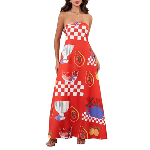 Edhomenn Robe tube Y2k sans bretelles dos nu imprimé fruits robe d'été fluide col bateau robe longue 2024, 01 Rouge, S