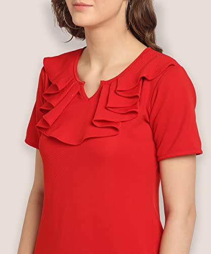 Image of OOMPH! Women's Western & Fusion wear Above Knee /Mid Thigh Length Sheath Red Dress in Lycra Blend Fabric with V Neck and Short Sleeve