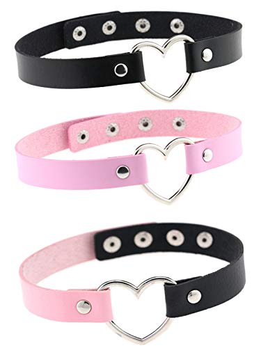 BeeGift Leather Choker Necklace for Women Girls 4 Size Adjustable Soft PU Collar Necklace - Love Heart chokers For Women Girs Cosplayer (heart-3pcs)