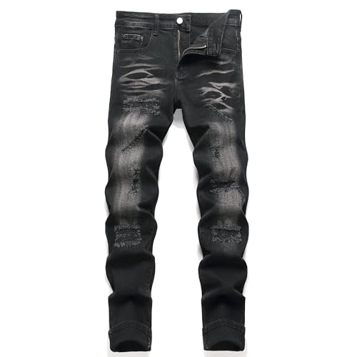 AITITIA Men's Patch Ripped Regular Fit Stretch Jeans, 1901 Black, 40