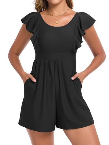 Smismivo Swim Romper One Piece Swimsuit with Built in Bra and Pockets Modest Women Bathing Suit with Shorts Full Coverage Swimwear Ruffle Sleeve Swimming Suits Slimming Swim Dress Black