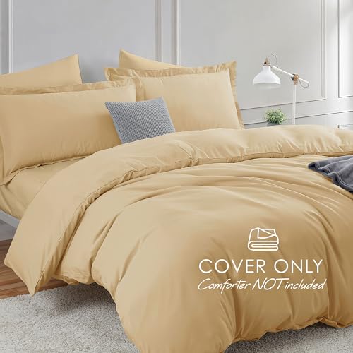 Image of Hearth & Harbor Camel Gold Duvet Cover with Fitted Sheet Queen Size | 4 Piece Soft Double Brushed Bedding Set, Button Closure, 1 Duvet Cover 90x90 Inches, 1 Fitted Sheet, 2 Pillow Shams