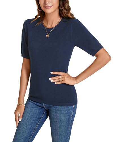Image of Womens Short Sleeve Sweaters Tops Crew Neck Pullover Shirt Lightweight Knit Sweater Blouse