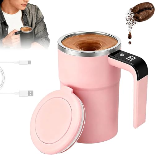 SpinBrew Mug – Tasse à café magnétique auto-mélangeuse avec affichage de la température, rechargeable, pour café, thé, chocolat chaud (rose)