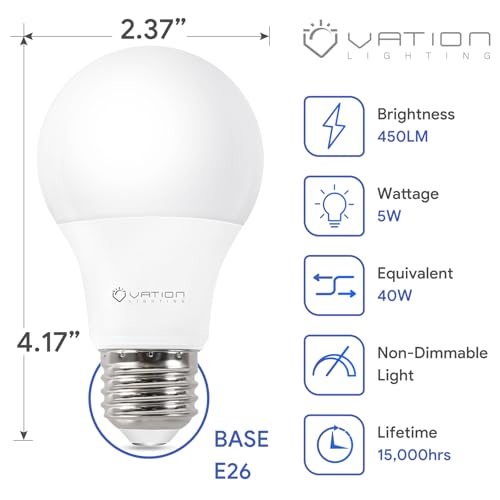 Image of VATION LIGHTING 4 Pack 40W Equivalent A19 LED Light Bulbs, Soft White 2700K, Non-Dimmable Efficient 5Watt, 450 Lumens, ETL /UL Listed, E26 Standard Base, Energy Efficient for Bedroom Home Office
