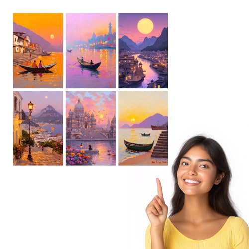 Image of SiddArtify Sunset Cityscape Wall Art Poster Print Set - Impressionist Boat & Building Decor for Living Room Bedroom Office - 12x18 inch Board Pack of 6