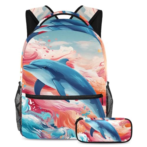 Lot de 2 cartables baleine océanique colorée grand sac à dos artistique étanche