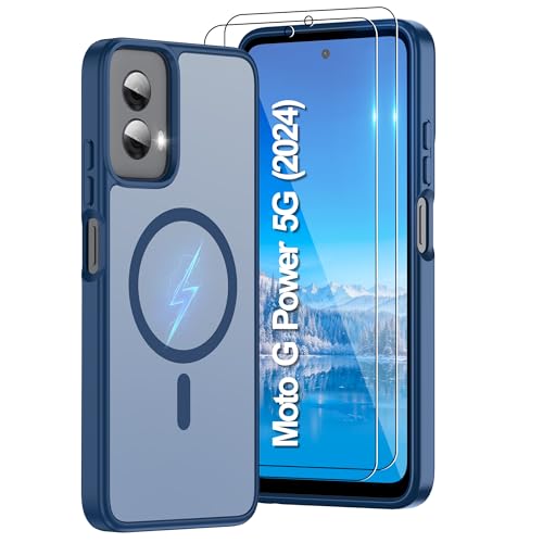 Compatible for Motorola Moto G Power 2024 Phone Case: [Mag-Safe Fit] with 2pc HD Screen Protector, Matte Translucent Soft-Touch Skin & Full Body for Moto GPower 2024, Blue