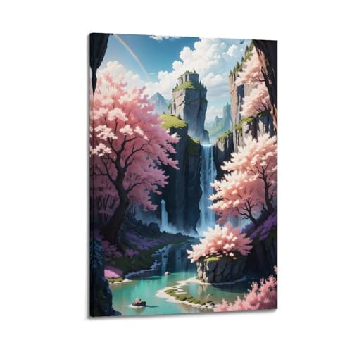 JIYAYCU Póster de cascada de verano con flores de durazno, cuadro decorativo sobre lienzo, 20 x 30 cm