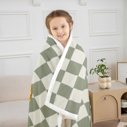 Image of Erosebridal Sage Green Checkered Fleece Blanket Throw 50 inchx60 inch Plaid Initial D Sherpa Blanket Personalized Monogram Fuzzy Plush Throw for Kids Boys Girls,Fashion Grids Gingham Decor for Bed Couch