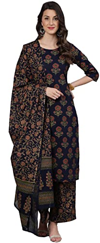 Image of Arayna Women's Floral Printed Pure Cotton Kurti Palazzo Pants Set with Dupatta