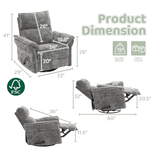 Image of Swivel Rocker Recliner with Adjustable Headrest,Upholstered Glider Rocker Recliner with Overstuffed Armrest,Manual Recliner Nursery Chair for Living Room,Grey