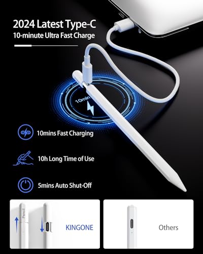 Image of KINGONE iPad Pencil 4th, Stylus Apple Pencil for iPad 2025-2018 with Palm Rejection Compatible with Apple iPad 11th /10 /9 /8 /7 /6th, iPad Air M3 /M2 /5 /4 /3, iPad Pro M4 /11 /12.9 inch /13 inch, iPad mini 6th /5th Gen