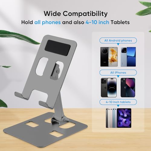 Image of Cell Phone Stand, Foldable Aluminum Adjustable Phone Holder for Desk Portable Travel Holder Office Desk Accessories Compatible for iPhone 14 Pro Max X Xr Samsung,iPad Mini, Tablets Up to 8 inch Grey