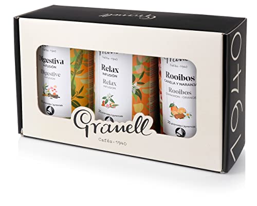 Granell Cafes- 1940 - Geschenkpackung 3 Sorten Kräutertee [ Verdauung, Entspannung und Rooibos ] Geschenk für Kräutertee-Liebhaber mit 25 Pyramiden pro Dose 100% natürlich Cover
