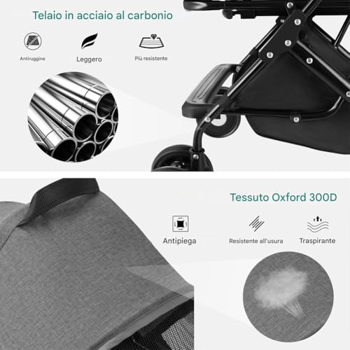 Bakaji Passeggino Per Animali Domestici 2 In 1 Carico Massimo 40Kg Pieghevole E Salvaspazio, Capsula Rimovibile, Carrozzina Per Cani E Gatti Con Trasportino Removibile E Cestello Portaoggetti (Grigio) - 7