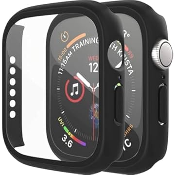 Capa compatível com Apple Watch Series 9 8 7 41 mm/45 mm PC bumper com protetor de tela de vidro temperado fosco cor sólida capa dura (preto, 45 mm)