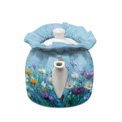Image of Oil Painting Print Teapot Dust Cover Daisy Print Tea Cosy for Teapot Insulated Breakfast Warmer Drawstring Design Keep Warm Kitchen Decorations