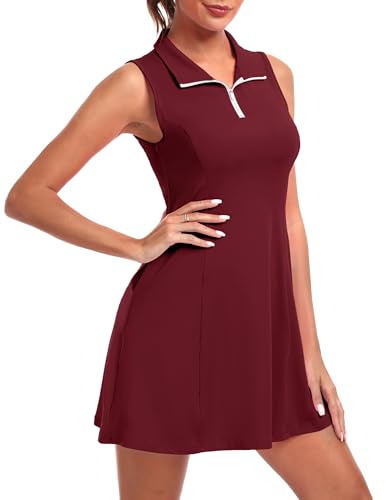 FKEEP Women's Golf Tennis Dress Athletic Workout Dress with Shorts and Pockets (Red Wine, L)