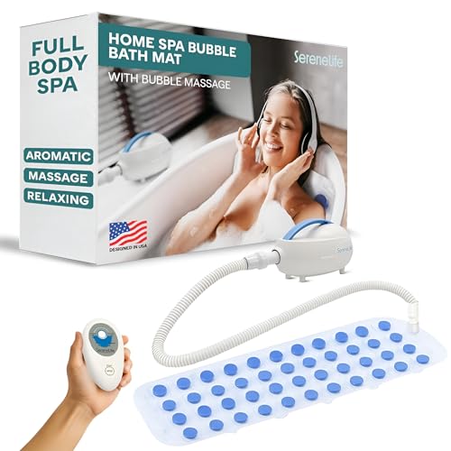 SereneLife Portable Spa Bubble Bath Massager - Waterproof Non-Slip Mat with Suction Cup Bottom, Motorized Air Pump and Adjustable Bubble Settings, Remote Control Included, 47' x 14'
