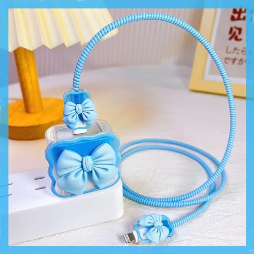 Image of INEFABLE Charger Case Cover Protector with 3D Cute Pattern for iPhone Charger only 18W & 20W, Data Charging Cable Wire Saver Protective Cable Cover Full Protection - Set Of 1 (Blue Bow)