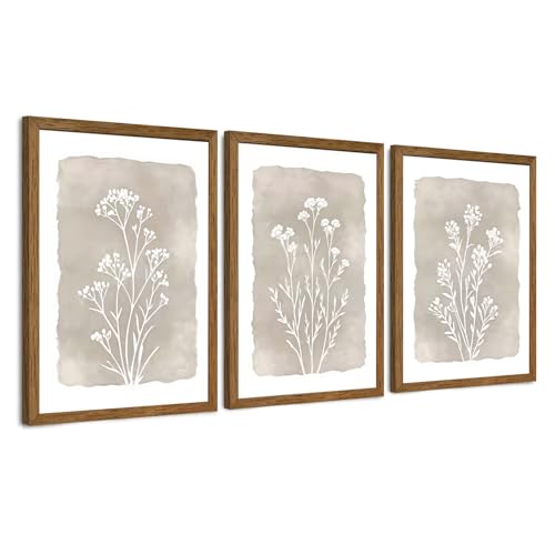 JLTULT 3 Piece Boho Beige Floral Wall Art, Minimalist Line Botanical Flower Wall Decor, Vintage Rustic Wildflower Art Prints for Living Room Bedroom Office Farmhouse Decoration 12x16 in Ready to Hang