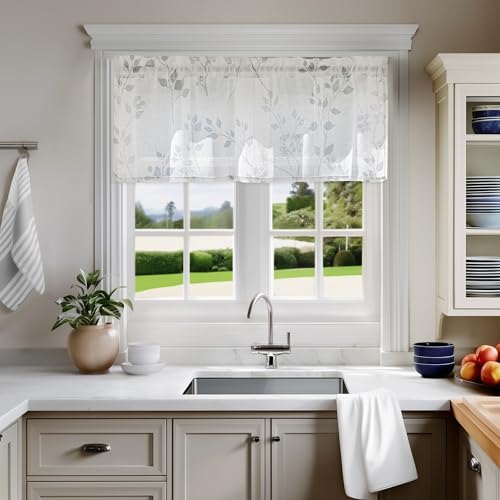 Image of Beauoop Linen Floral Semi Sheer Valance Curtains for Kitchen Grey 52x18x1