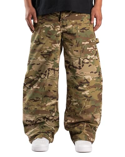 Kodaruber Men Camo Cargo Pants Baggy Wide Leg Hip Hop Skater Pants Loose Fit Trousers with Pockets(Army Green,Large)