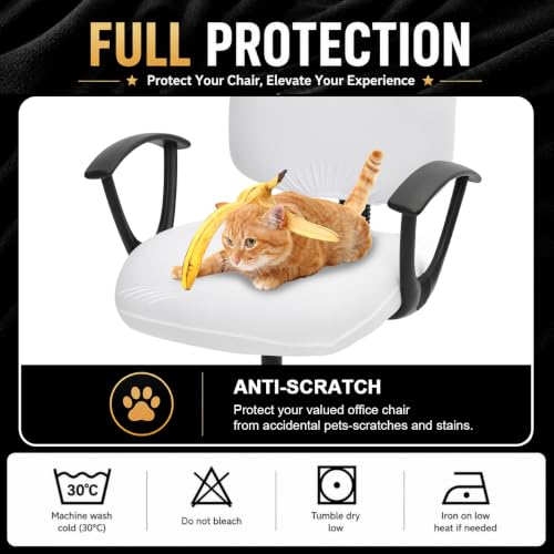 Image of Stretchable Desk Office Chair Seat Covers - Universal Spandex Computer Chair Slipcover - Removable Washable Rotating Backrest Coverings & Cushion Protectors for Dogs, Cats, Pets, White