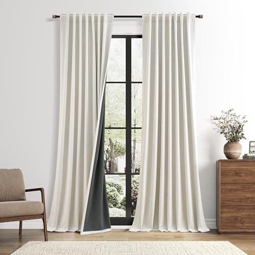 Nanspring Extra Long Cream 100% Blackout Linen Curtains 112 Inch Length Natural Black Out Thermal Insulated Back Tab Window Floor to Ceiling Drapes for Bedroom Living Room 2 Panels 52 x 112 Ivory