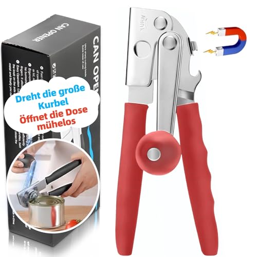 Apriscatole professionale in acciaio inox con impugnatura comoda, funzionamento manuale, bordo liscio, per anziani e cucina (rosso)