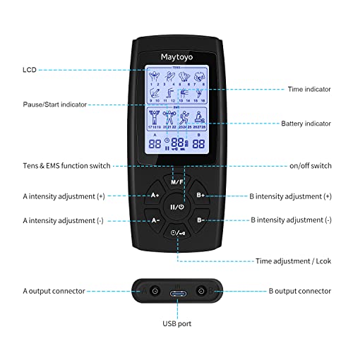 Maytoyo Tens Ems Unit 28 Mode 40 Intensity Muscle Stimulator For Pain Relief Therapy, Dual Channel Rechargeable Tens Machine #TOP2