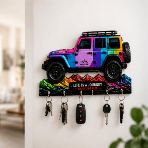 Image of Webelkart Wooden HD UV Multi Printed Mahindra Thar Car Shape Designer Key Holder Home and Office Decor Key Chain Holder for Office Decor,Key Hanger (11 X 6 Inch)