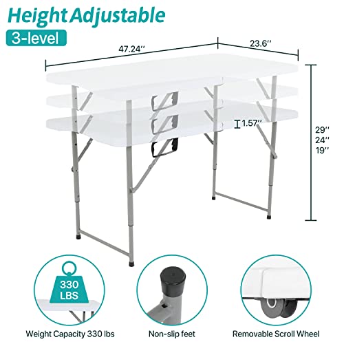 Dkeli Folding Table 4 Foot Portable Picnic Table Plastic Folding Table Adjustable Height Heavy Duty For Indoor Outdoor Camping, Picnic And Party, Fold In Half With Handle And Steel Legs, White #TOP2