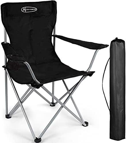 ACTIVE FOREVER Outdoor Folding Camping Chair with Cup Holder Storage Bag, Lightweight Portable for Beach, Barbecue, Fishing (Black)