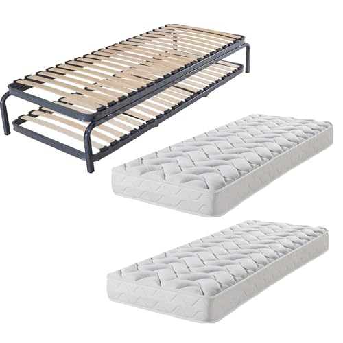 EBAC Literie Lit gigogne métal + Matelas 80x190-20 Lattes Bois - Gain de Place - Made in France