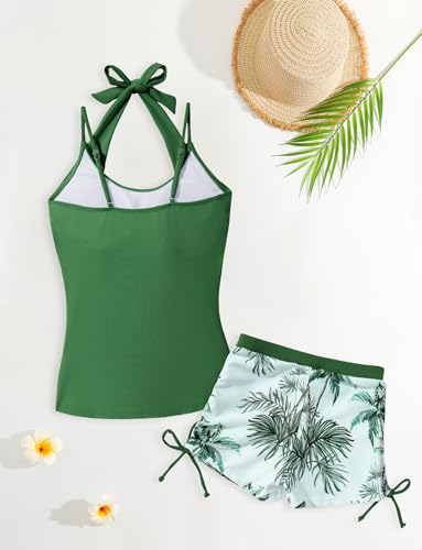 Image of Happy Cherry Girls Two Piece Swimsuit Halter Neck Bathing Suit Top with Drawstring Printed Swim Shorts Tankini Set 7-16Y