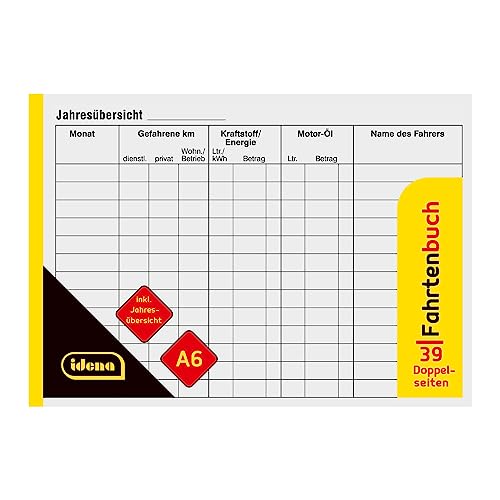 Idena 10844 - logbook, DIN A6, for Approx. 312 Journeys, 39 Double Pages, recognised by The Tax Office, Multicoloured