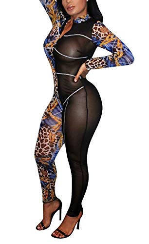 Aro Lora Womens Sexy Long Sleeve Sheer Mesh Leopard Print Bodycon Pant Outfit Jumpsuit Romper XX-Large Blue