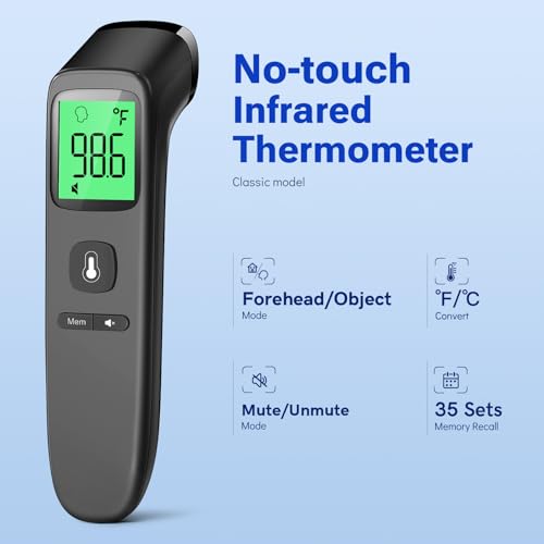 Image of Viproud Touchless Thermometer for Kids and Adults, 1-Second Reading, Black | Large LCD with 3-Color Backlight, Fever Indicator, Mute Mode, Memory Recall, Dule Mode Forehead /Object, for All Ages