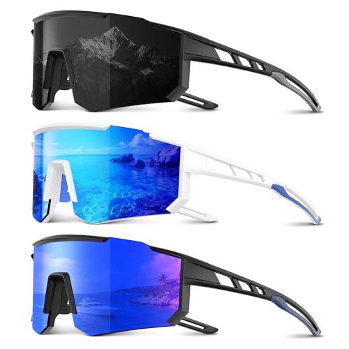 3 Pack Polarized Sports Sunglasses Men Women, Running Mens Sunglasses UV Protection for Baseball Cycling Fishing A06-grey/Ice Blue/Dark Blue