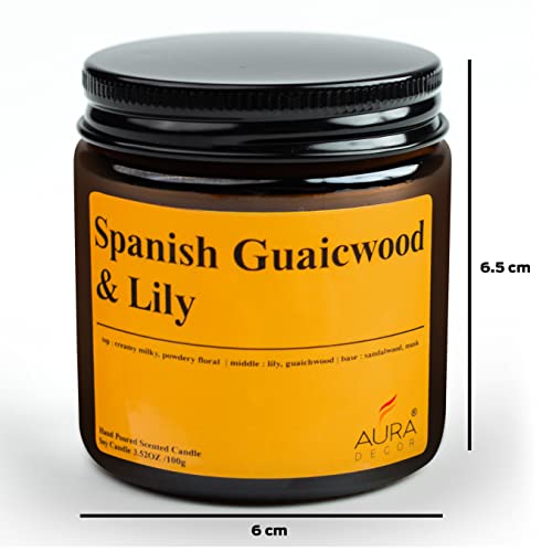 Image of AuraDecor Spanish Guaiacwood & Lily Scented Jar Candle | 100gm Handpoured Soy Wax Candle with Long Burn Time | Premium Amber Jar Aromatherapy Candle | Best Gift for Home & Decor
