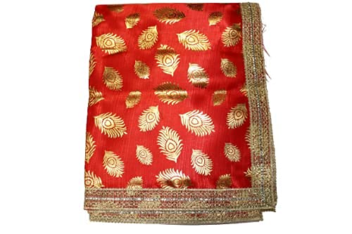 Shreeji Satin Golden Print Puja Altar Cloth for Multipurpose Use, Devi MATA Chunri, Puja Chunni Cloth, Size - 1 Meters (Red)